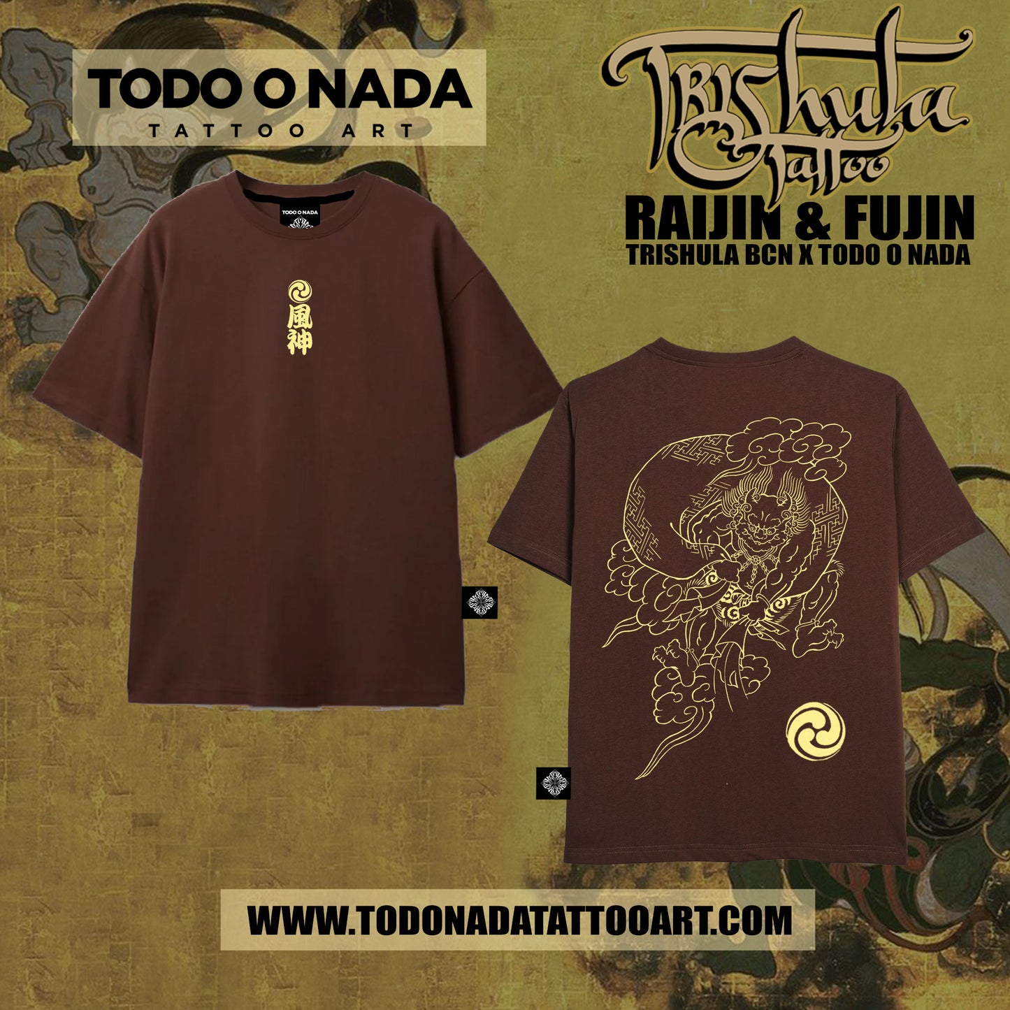 FUJIN trishula colab Polera Café lineal desing