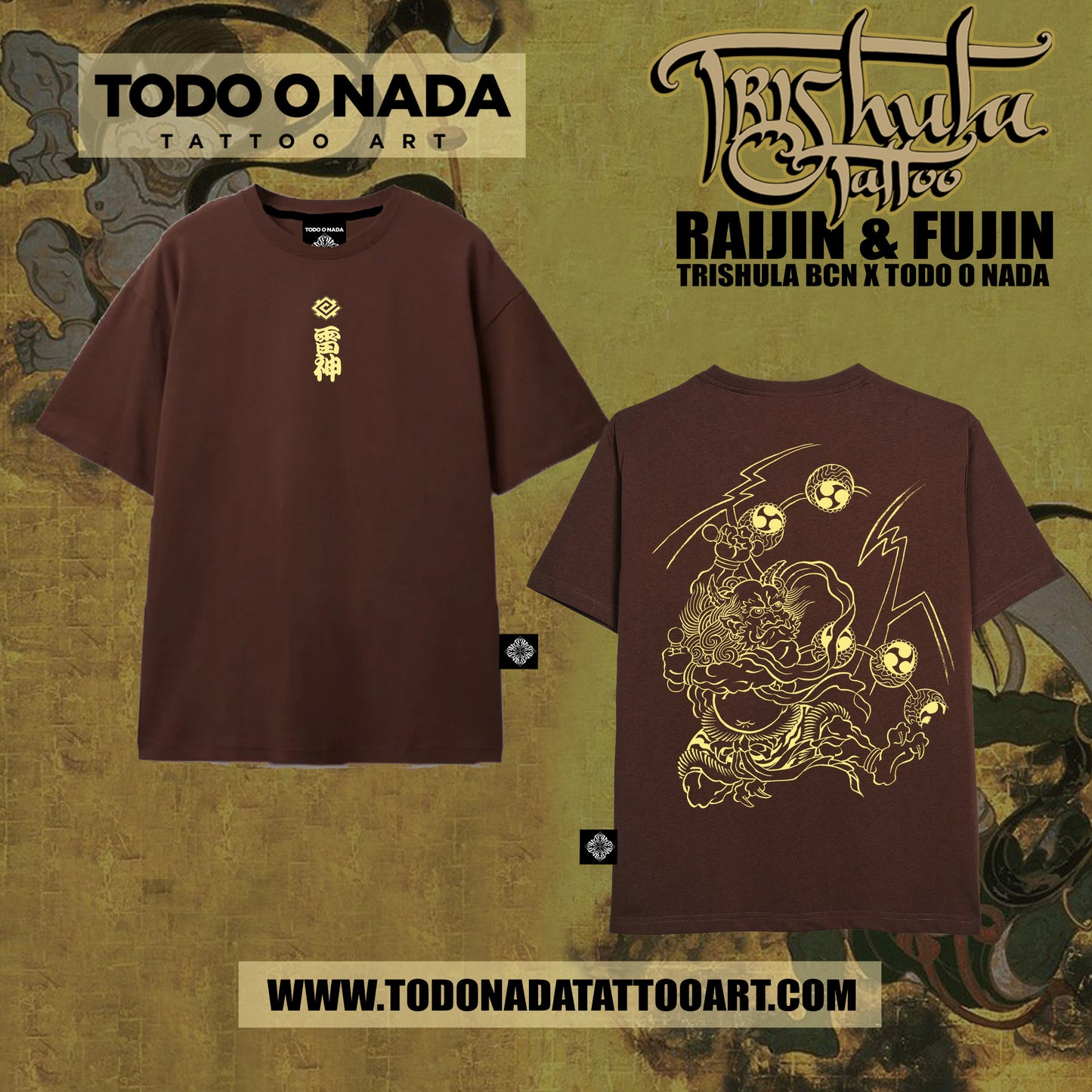 RAIJIN trishula colab Polera Café lineal desing