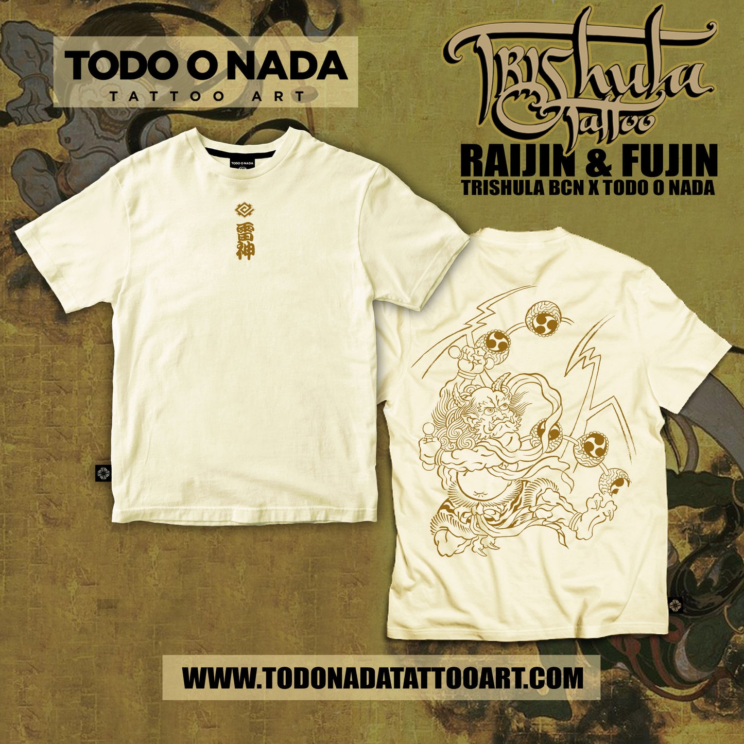RAIJIN trishula colab Polera CREMA lineal desing