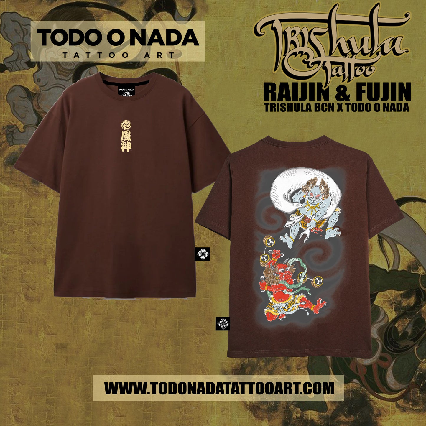 RAIJIN & FUJIN trishula colab Polera CAFE serigrafia 8 tintas desing