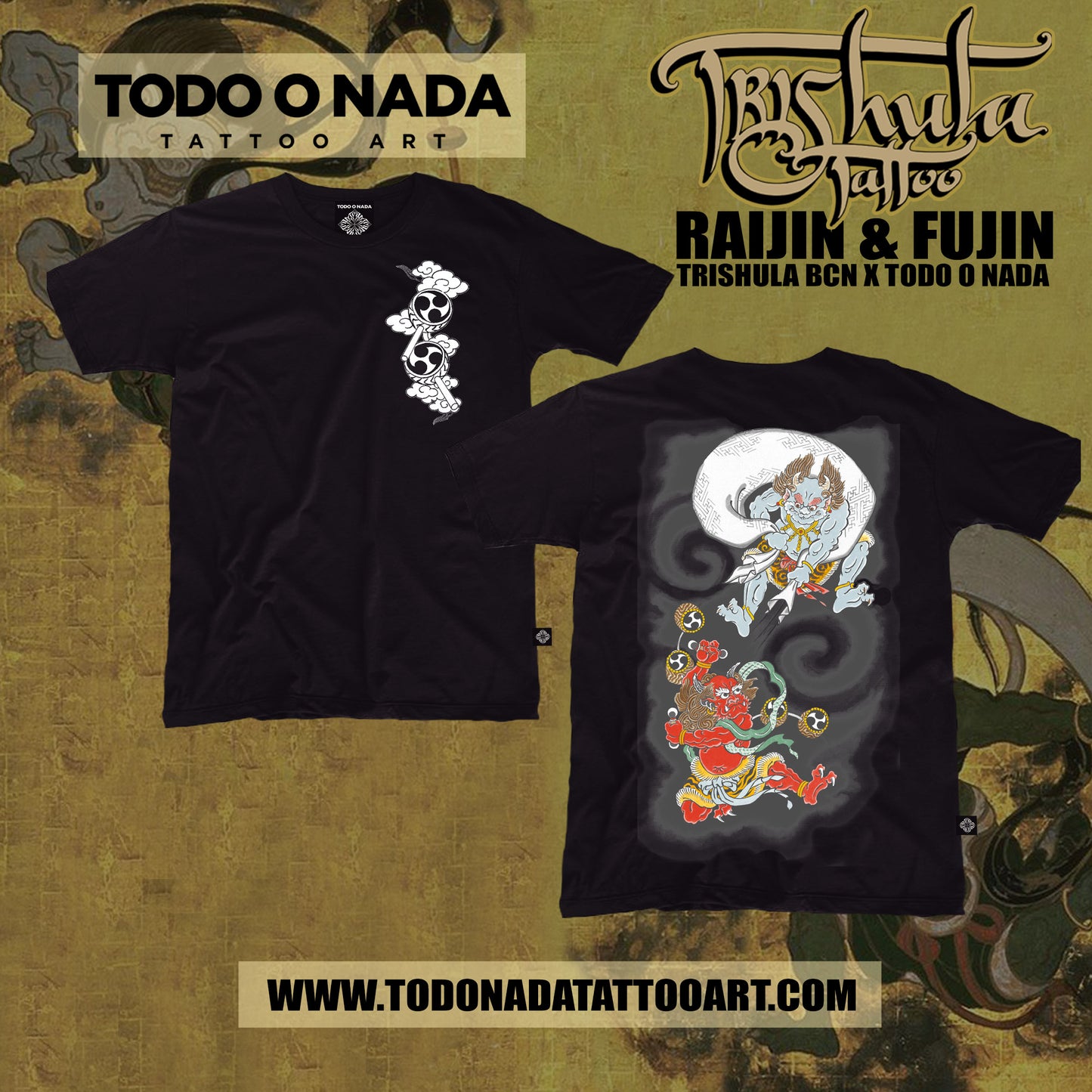 RAIJIN & FUJIN trishula colab Polera NEGRA serigrafia 8 tintas desing