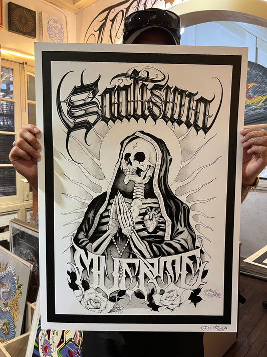 SANTÍSIMA MUERTE / Alonso kalistro colab / 3 tintas 50x70 cm/ serigrafía sobre papel