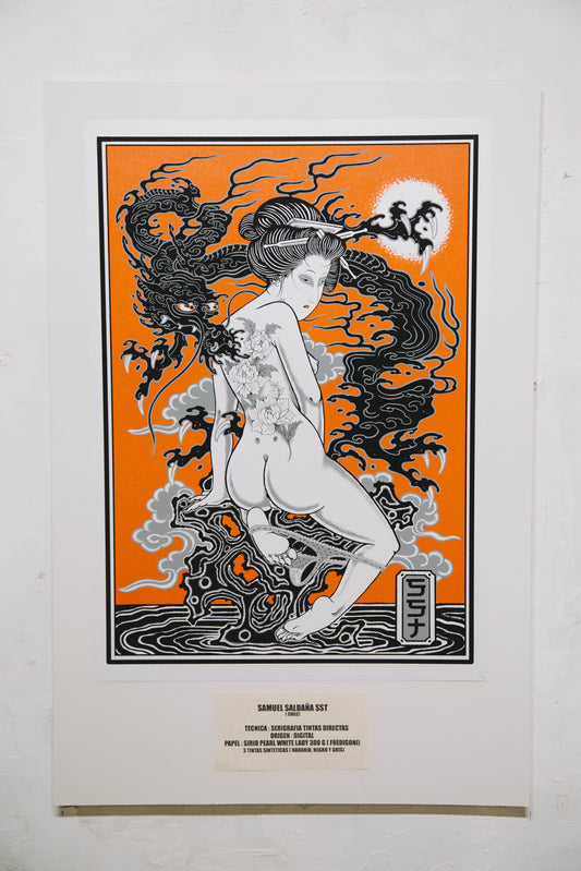 SAMUEL SALDAÑA "GEISHA & DRAGON" 50X70 SERIGRAFIA SOBRE PAPEL