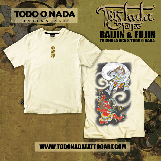 RAIJIN & FUJIN trishula colab Polera CREMA serigrafia 8 tintas  desing