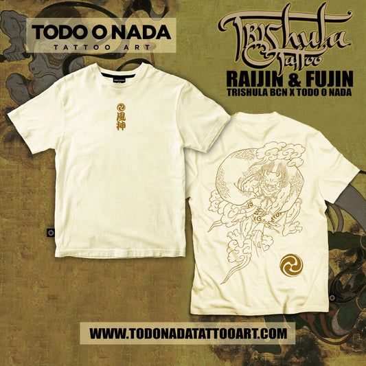 FUJIN trishula colab Polera CREMA lineal desing