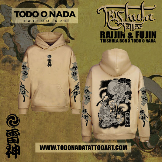 RAIJIN & FUJIN trishula colab Hoodie Beige  ( límited)