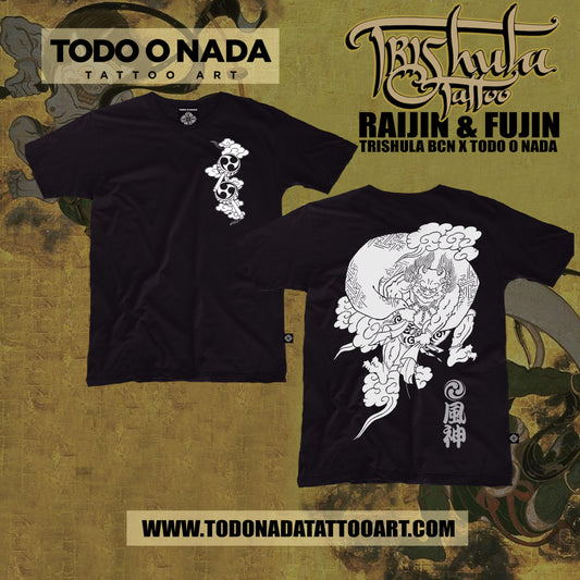 FUJIN trishula colab Polera negra serigrafia DISCHARGE
